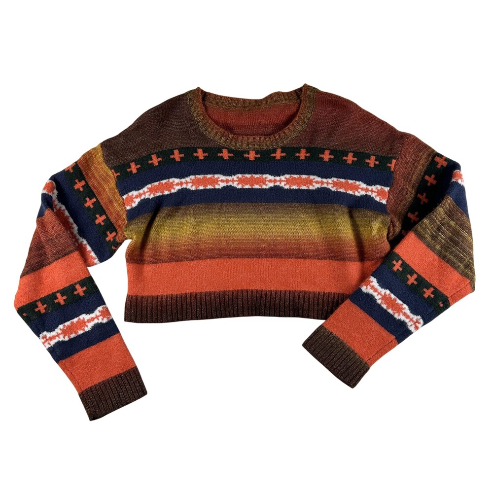 Cider Sweater Womens XL Multicolor Striped Southwest Cropped Crewneck Pullover